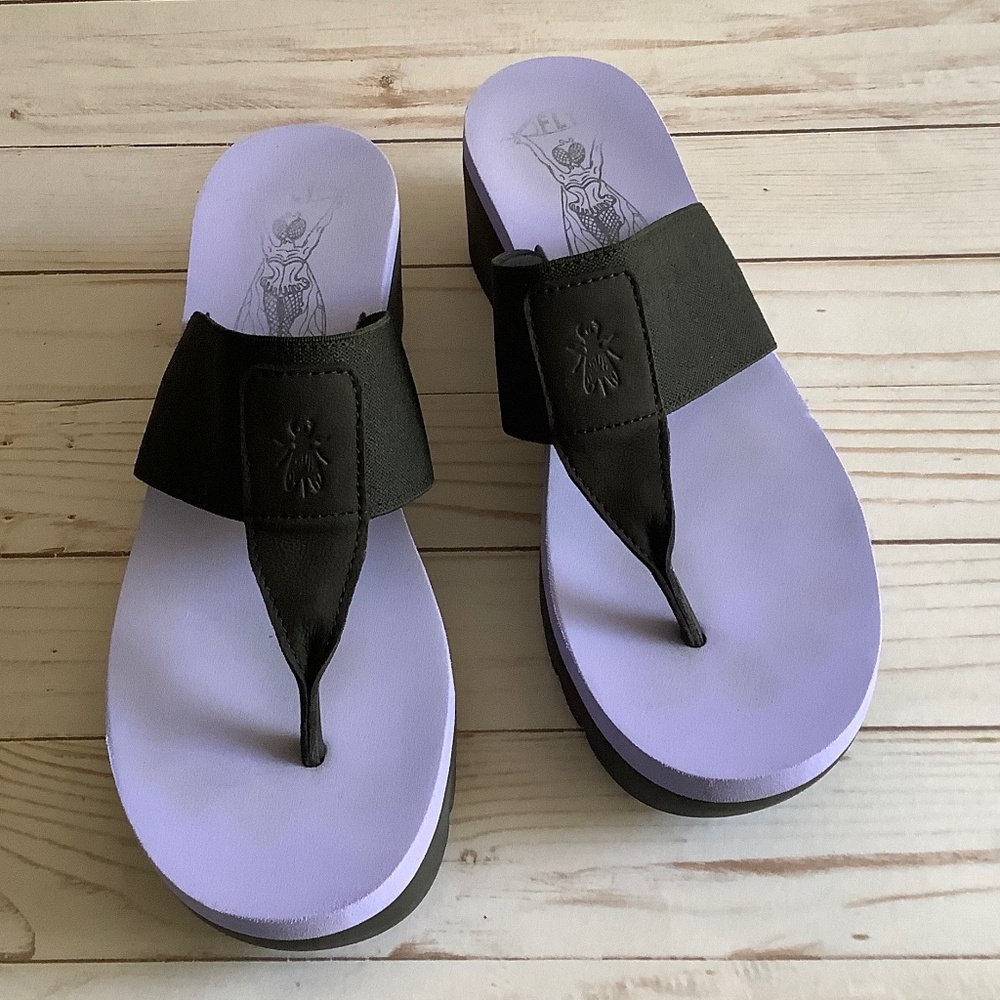 Fly London Black and Lavender Sandals
